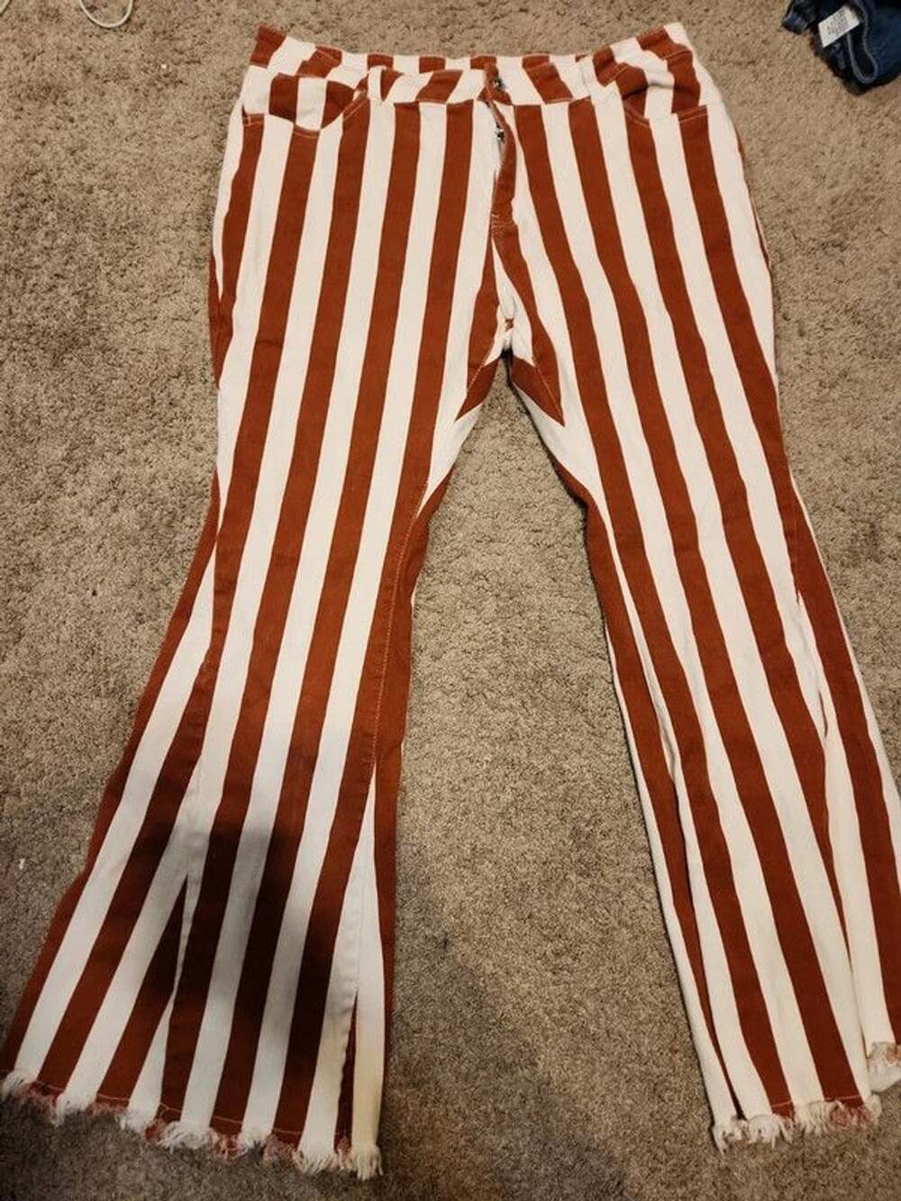 Saints & Hearts Retro Rust Brown Striped High-Rise  Flare Bell Bottom Jeans with